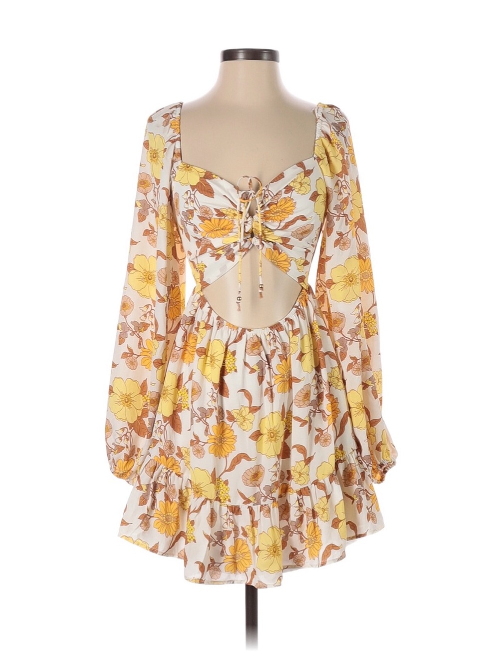 NWT Yellow Floral Cutout Long Sleeve Mini Dress